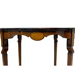 Edwardian rosewood centre table, circular shaped and moulded top with central oval panel decorated with mother of pearl surrounded by boxwood inlays, shell motifs and floral garlands, square tapering supports inlaid with trailing foliate and ribbons, brass sockets and ceramic castors 
