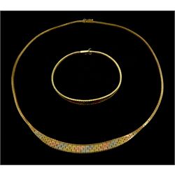 9ct gold white, yellow and rose gold flat link necklace and matching bracelet, both with London import mark 1984