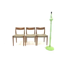Troeds - Set of three mid century teak dining chairs, with upholstered seats raised on square tapered supports (W47cm) together with a 1960's green painted aluminium standard lamp (H140cm)