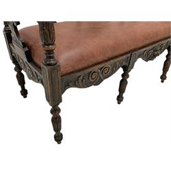 19th century walnut settee, cartouche pediment carved with two eagles, shaped double-ended top rail carved with acanthus leaves and masks, supported by four shaped splats, the central splat carved with acanthus scrolls and lion mask, upholstered drop in seat cushion, the shaped aprons carved with scrolling foliage, turned and fluted supports