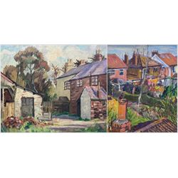 John Bowes (British 1899-1974): English Farmstead, oil on canvas signed, dated c1950 verso 50cm x 60cm; Northern British School (20th Century): The Rooftops, oil on board unsigned, indistinctly titled verso 34cm x 29cm (2)
