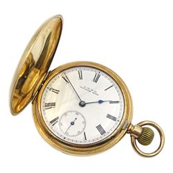 American gold-plated full hunter lever pocket watch by Waltham, No. 7660596, white enamel dial with Roman numerals and subsidiary seconds dial
