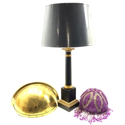 Semi circular brass wall light fitting  W43cm,  beadwork light shade and two antique design table lamps and shades