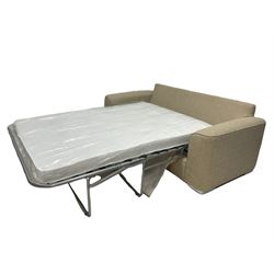 Alstons large two seat sofa bed, metal action pull out upholstered in cream fabric, raised on recessed castors, with  pair of scatter cushions W200cm, H90cm, D95