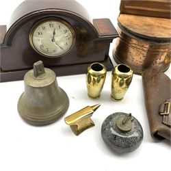 Early 20th century inkwell in the form of a curling iron, pair of Victorian brass candlesticks, leather holster, pair of Japanese miniature brass vases, Victorian mahogany mantle clock, bronze bell, copper salt box etc   