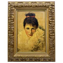 EC (French School Early 20th century): Portrait of a Girl in a Fur Coat, oil on board signed with initials EC 40cm x 27cm