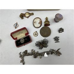 18th /19th century amethyst desk seal, gilt metal and cornelian seal, seed pearl and turquoise brooch, costume jewellery, silver serviette ring,  Boy Scout badges, stop watch etc