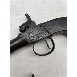 Pair of percussion pocket pistols, the box locks engraved Spencer, London, mahogany slab butt L16cm