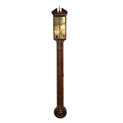 18th century  - Stick barometer with a broken pediment and brass register inscribed Robert Fyter, Melton, with a spirit thermometer and vernier, mahogany case with stringing and a round cistern cover to the base. No mercury present.