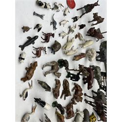 Collection of lead zoo and wild animals marked for Britains, Johillco etc, Britains palm trees, metal enclosure, zoo keeper etc