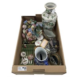 Chinese vase, Coalport vase with various porcelain flowers, cased set of Royal Crown Derby butter knives etc in one box