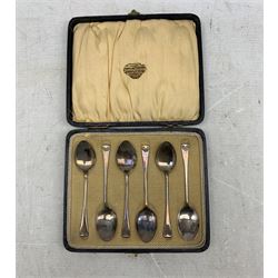 Set of twelve silver coffee spoons and tongs with shell finials Sheffield 1921 Maker Cooper Bros, cased, set of six silver coffee spoons and a silver three piece condiment set 9oz