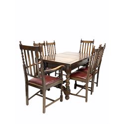 Early 20th century oak duo draw leaf dining table, raised on spiral turned supports, together with a set of six (4+2) similar dining chairs 