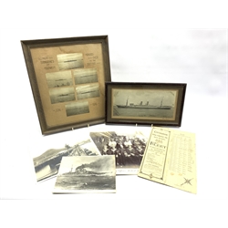Frame containing six black and white photographs 'German Submarines off Harwich, handed over to the British Jan 1919', photograph of the Petty Officers of H.M.S. Dido, photograph of S.S. Marathon with signatures, two other Naval photographs and a card for the Review of the Fleet at Spithead June 1902