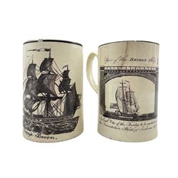 English creamware mug of plain straight form printed in black with an 'East View of the bridge to be erected across the River Wear 24th September 1793' H13cm and another mug  black printed with a three masted ship 'Oranje Bourn'