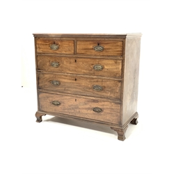 George III mahogany chest of three long and two short graduated drawers, raised on ogee bracket supports,  W109cm