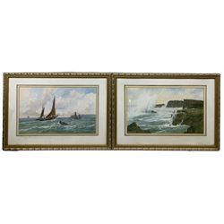Nathan Stanley Brown (British 1890-1980): 'Lowestoft Trawlers North Bay Scarborough' and 'Breakers on Filey Brigg after Ernest Dade', pair watercolours signed, labelled verso 26cm x 42cm (2)