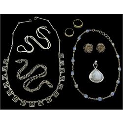 Two 9ct gold emerald and stone set rings, silver jewellery including a labradorite pendant and necklaces and other costume jewellery 