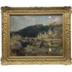 Owen Bowen (Staithes Group 1873-1967): 'Dinan Brittany' - Fishing Village at Moonlight, oil on canvas signed, labelled verso 37cm x 47cm