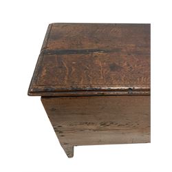 17th century 6' 2'' oak six plank sword chest, moulded rectangular hinged lid with carved edge, with wrought iron lock and fittings, raised on reentrant end supports