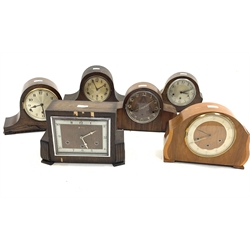 Early 20th century 'Bentimo' Art Deco mantle clock in oak veneered case, silvered chapter dial with Arabic numerals, Westminster chiming movement, (W30cm) together with five other Westminster chime mantle clocks, 