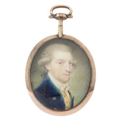 Samuel Shelley (British 1750-1808)
Portrait miniature upon ivory, circa 1790
Head and shoulder portrait of a gentleman in blue coat and yellow waistcoat 
Within period gold fausse-montre case with hair work verso
Oval 3.75cm x 3cm

Samuel Shelley first exhibited at the Society of Artists in 1773, entering the Royal Academy Schools the following year where he exhibited work up until 1804. 
Largely considered to have been self-taught, Samuel Shelley worked in a range of mediums throughout his career, producing watercolours, oils, book illustrations and engravings, but is arguably best known for his miniature portraits in watercolour, a medium which he championed establishing the first watercolour society in around 1804.
Shelley was a prominent and popular miniaturist during his time, and today his works feature in many major museums.  