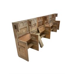 Sectional set of oak priory pews with six hinged and lifting seats 