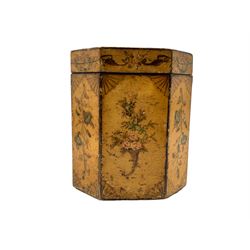 George III octagonal tea caddy, the cover painted with an exotic bird perched on a flowering branch, the front panel centrally painted with a monogram within a floral garland and both side panels painted with floral cornucopia urns, H12.5cm 