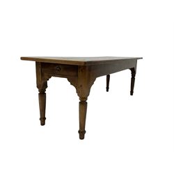 19th century French chestnut wood kitchen table, the two plank top over two frieze drawers, raised on turned supports 