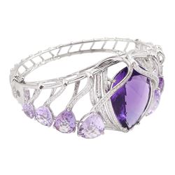 18ct white gold amethyst and diamond suite, comprising necklace, pair of pendant stud earrings and bracelet and ring, each with pear cut amethysts and round brilliant cut diamonds, stamped 750 