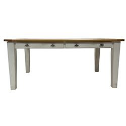 Rectangular beech dining table, the rectangular top over two frieze drawers, raised on square tapering supports 