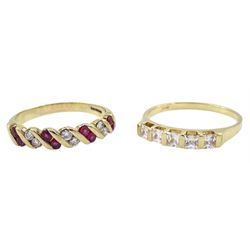 9ct gold ruby and diamond ring, hallmarked and a 14ct gold five stone cubic zirconia ring