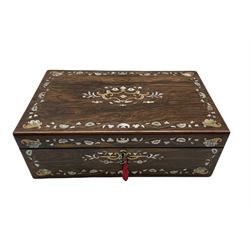 Victorian rosewood, mother-of-pearl and brass writing slope, the case inlaid with scrolling foliage and shells, enclosing a gilt tooled leather writing surface and fitted stationery compartments, L41cm, H15.5cm, D24.5cm