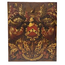 18th/ 19th century painted coach panel with Heraldic Carr family crest with motto 'Fortuna Sequatur' (let fortune follow), 42.5cm x 35cm 