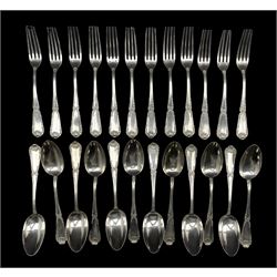 Set of twelve Continental silver dessert spoons and forks with shell and scroll stems 38oz
