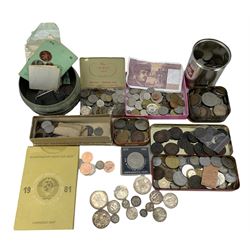 Coins, banknotes and stamps, including Great British pre-decimal coinage, Queen Elizabeth II commemorative crowns, old round one pounds, various commemorative fifty pence and two pound coins, Netherlands 1930 and 1940 two and a half gulden coins, Switzerland 1933 five francs, Canada 1950 dollar, George VI South Africa 1952 two shillings, United States of America 1964 Kennedy half dollar, pre-euro coinage etc, Bank of England Gill five pound note 'SC02', various one pound notes etc