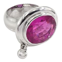 18ct white gold large oval pink tourmaline ring set with suspended round brilliant cut diamond, hallmarked, pink tourmaline approx 18.00 carat