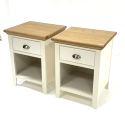 Pair of contemporary oak and cream finish bedside tables, each fitted with drawer and open shelf, W47cm, H61cm, D43cm