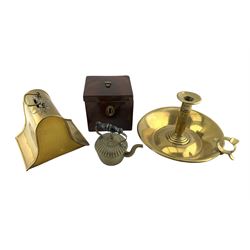 Victorian brass money box of bell form with swing brass handle and applied foliate plaque W15cm, 19th century brass chamber stick, together with a Georgian mahogany single tea caddy and miniature brass teapot (4)