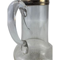 Victorian glass and silver mounted claret jug, the cover with lion and shield finial H27cm London 1891 Maker Horace Woodward & Co 