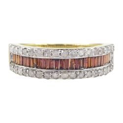 9ct gold three row clear and cognac diamond ring, hallmarked 