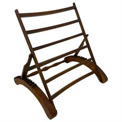 Edwardian stained beech invalid back rest, adjustable ladder back on curved end supports with swell turned stretcher
