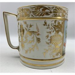 Early 19th century Derby porter mug painted with a panel of fruit with gilded scrolls and foliage and angular handle, red mark circa 1820, H14cm
