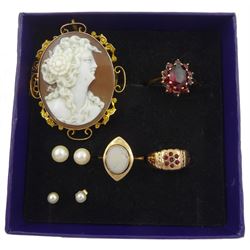 Gold garnet cluster ring, single stone opal ring, cameo brooch, two pairs of pearl stud earrings and one other garnet ring, all 9ct hallmarked, stamped or tested