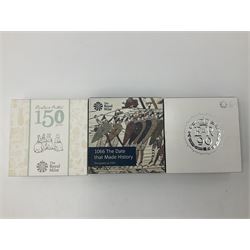 Three The Royal Mint United Kingdom 2016 silver proof coins, comprising 'The 90th Birthday of Her Majesty The Queen' piedfort five pounds, 'The 950th Anniversary of the Battle of Hastings' fifty pence and '150th Anniversary of Beatrix Potter' piedfort fifty pence, all cased with certificates (3)