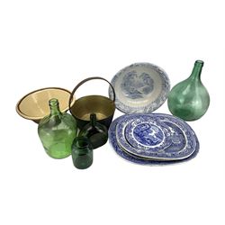 Victorian willow pattern meat platter, 19th century transfer printed wash bowl, bread pancheon, green glass bottles and brass preserve pan