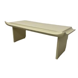 Pair of contemporary low side tables with Chinese altar table tops, cream paint finish 
Provenance: From the Estate of the late Dowager Lady St Oswald