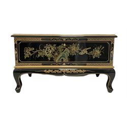 Chinese black lacquered and gilded TV cabinet, fall front compartment