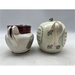 18th century cream ware bullet shape tea pot, the cover with bud lift and painted with butterfly and flowers, the body with prayers and with divided strapwork handle H13cm and a Victorian lustre jug with a portrait of the Queen and verse (2)