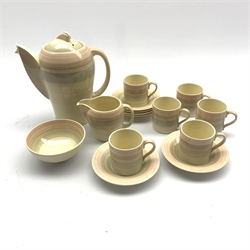  Susie Cooper 'wedding ring' pattern part coffee set, comprising coffee pot, cream jug, sugar bowl and six espresso cups with saucers   